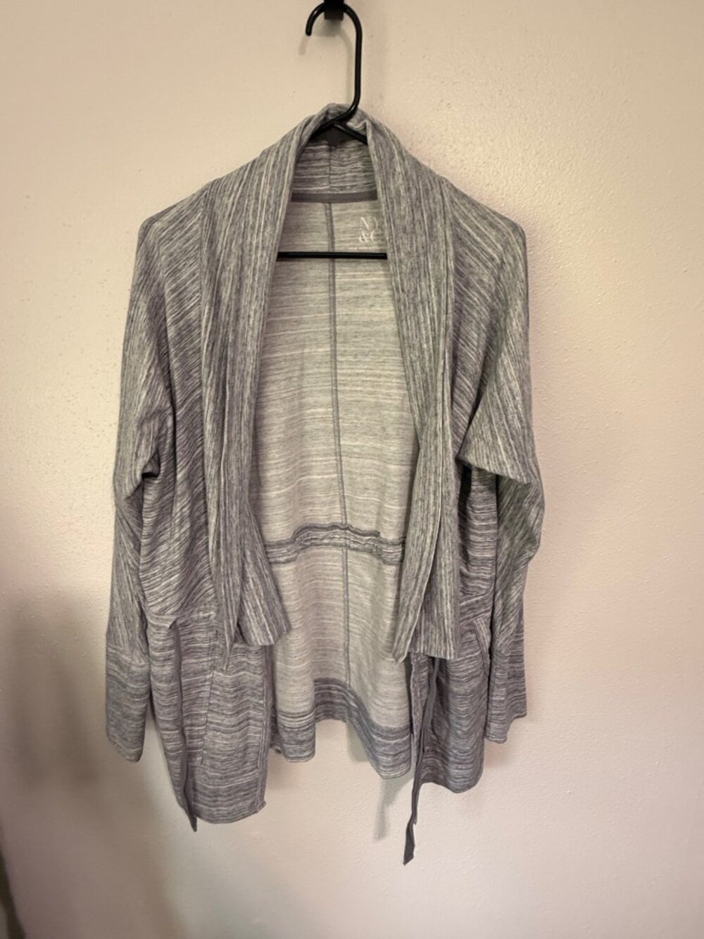 New York & Co. Open Front Cardigan White Blue Drawstring Waist Womans M
